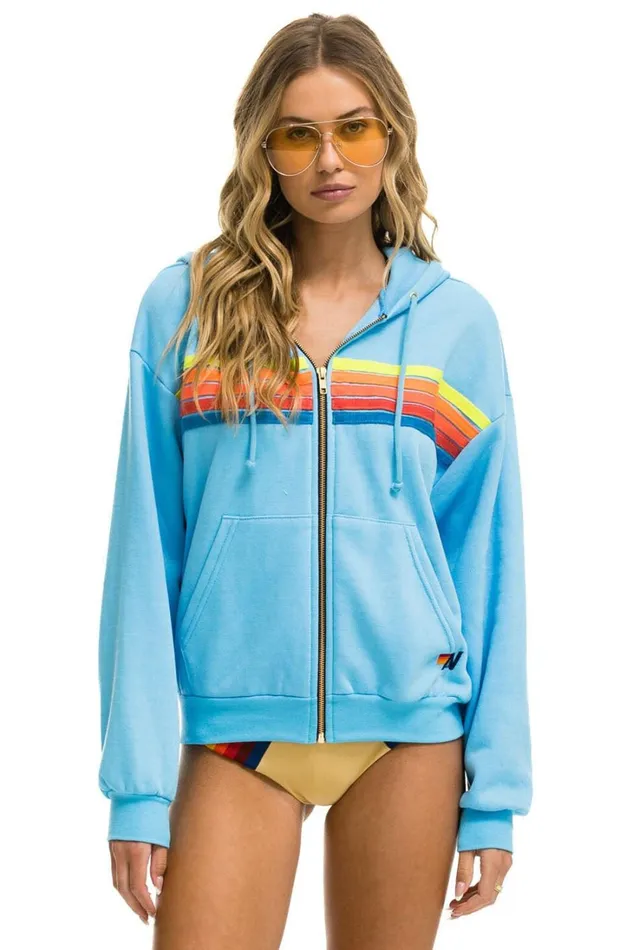 WomenMen Tops Aviator Nation 5 STRIPE RELAXED ZIP HOODIE 8211 SKY NEON RAINBOW