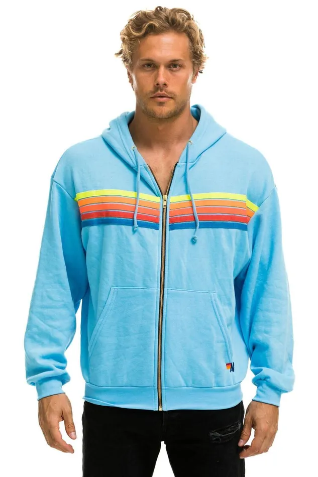 WomenMen Tops Aviator Nation 5 STRIPE RELAXED ZIP HOODIE 8211 SKY NEON RAINBOW