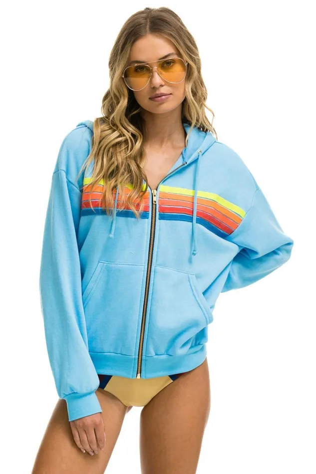 WomenMen Tops Aviator Nation 5 STRIPE RELAXED ZIP HOODIE 8211 SKY NEON RAINBOW