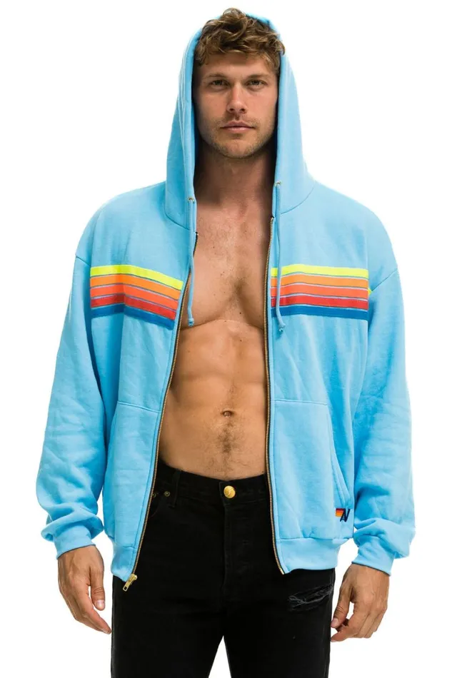 WomenMen Tops Aviator Nation 5 STRIPE RELAXED ZIP HOODIE 8211 SKY NEON RAINBOW