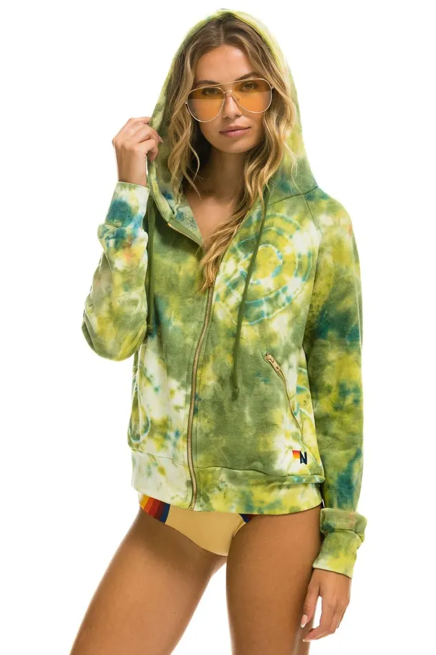 WomenMen Tops Aviator Nation RELAXED HAND DYED ZIP HOODIE 8211 TIE DYE GREEN YELLOW