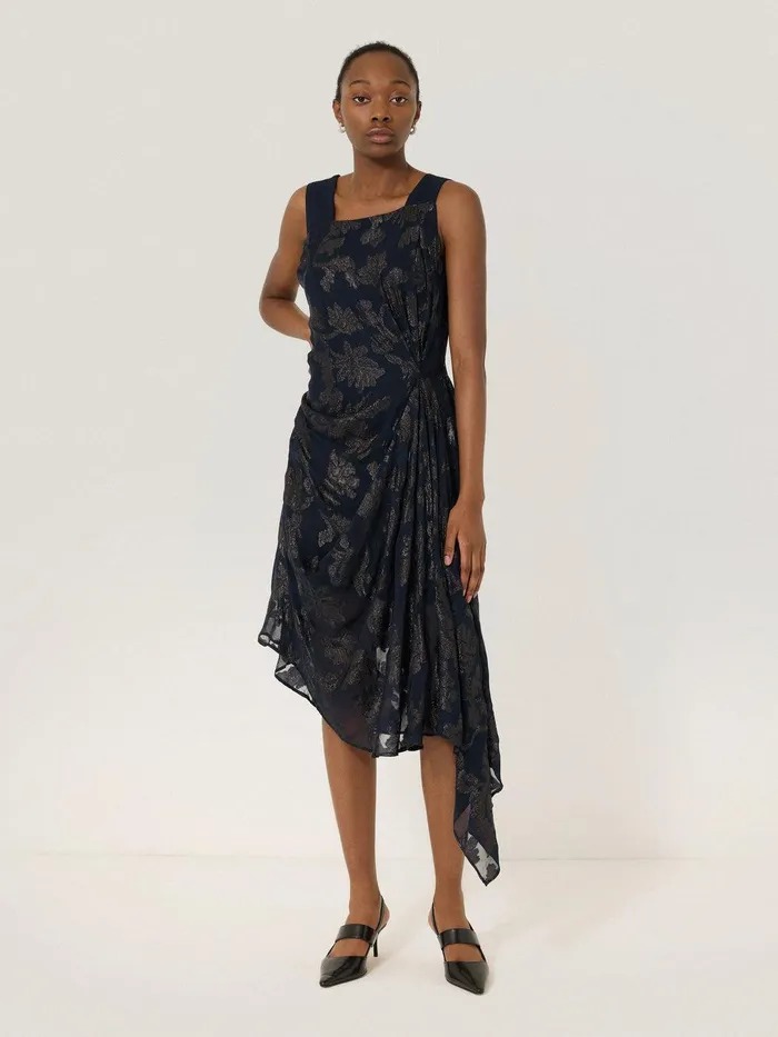 Women Metallic Jacquard Drape Dress Navy Jigsaw Party