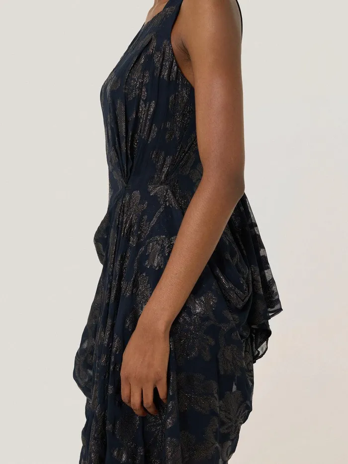 Women Metallic Jacquard Drape Dress Navy Jigsaw Party