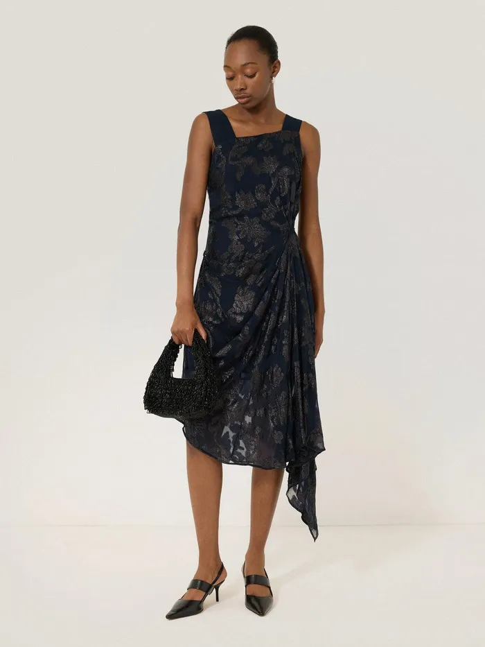 Women Metallic Jacquard Drape Dress Navy Jigsaw Party