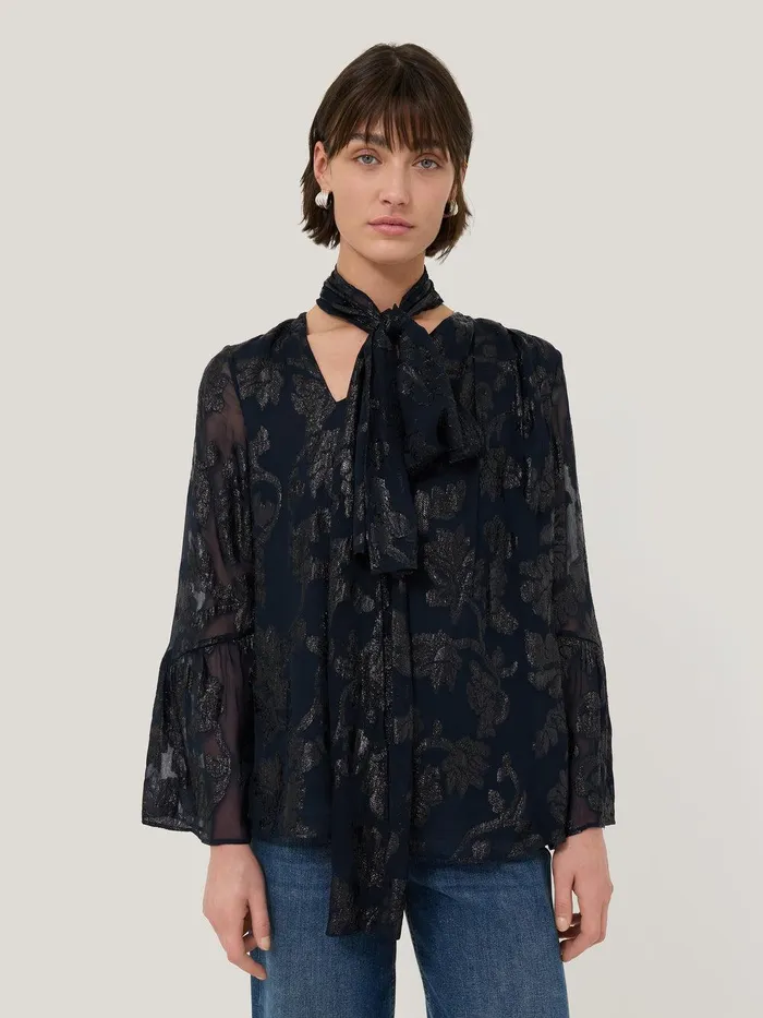 Women Metallic Jacquard Top Navy Jigsaw Shirts and Tops
