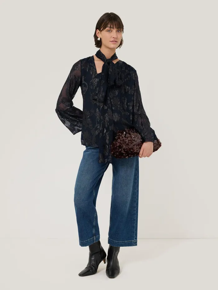 Women Metallic Jacquard Top Navy Jigsaw Shirts and Tops