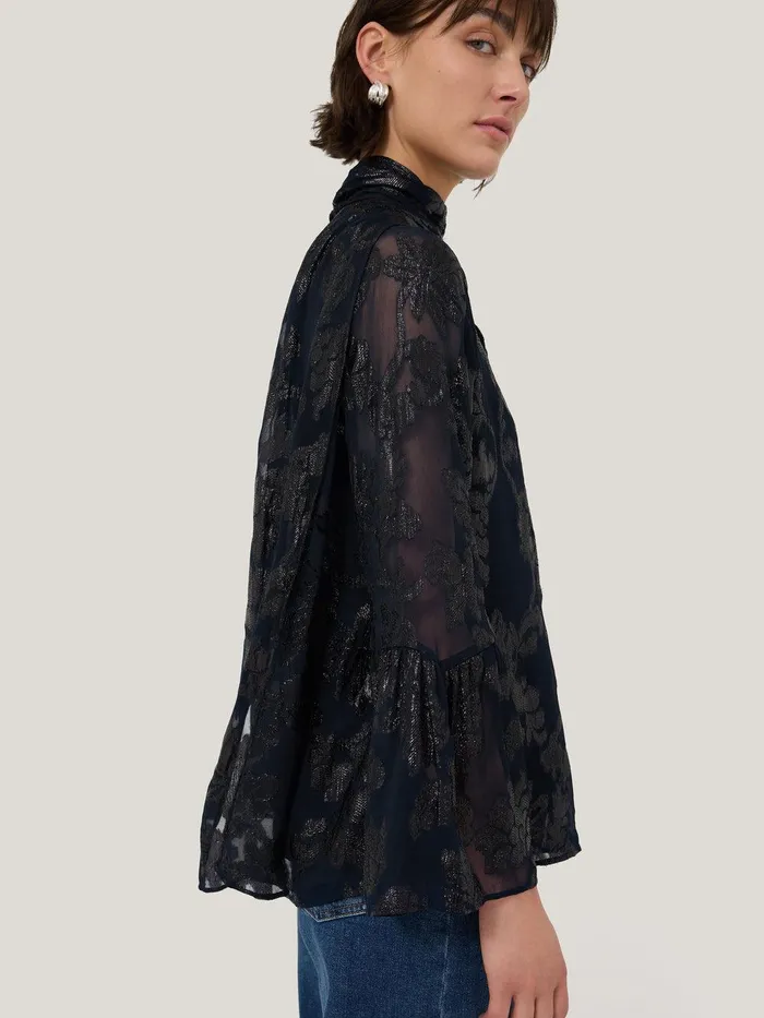 Women Metallic Jacquard Top Navy Jigsaw Shirts and Tops