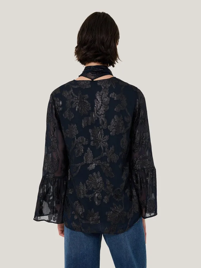 Women Metallic Jacquard Top Navy Jigsaw Shirts and Tops