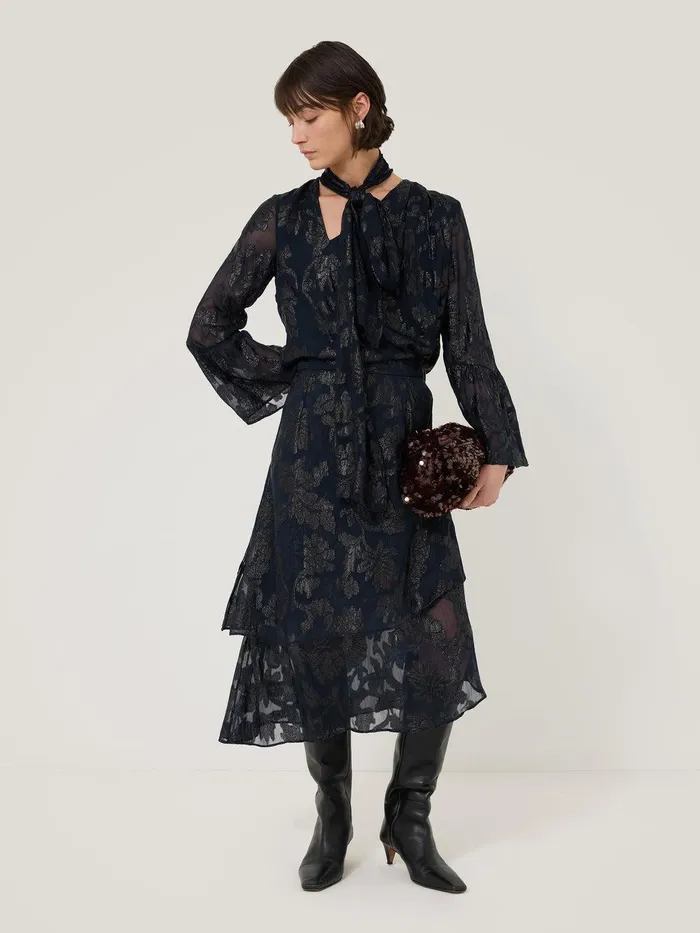 Women Metallic Jacquard Top Navy Jigsaw Shirts and Tops