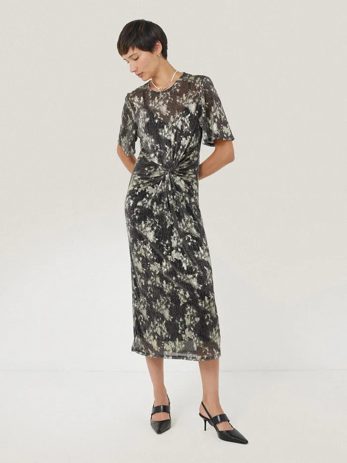 Women Metallic Knot Front Dress Gold Jigsaw Dresses and Jumpsuits