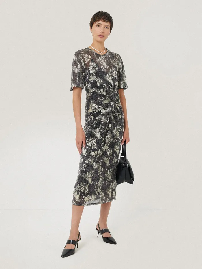 Women Metallic Knot Front Dress Gold Jigsaw Dresses and Jumpsuits