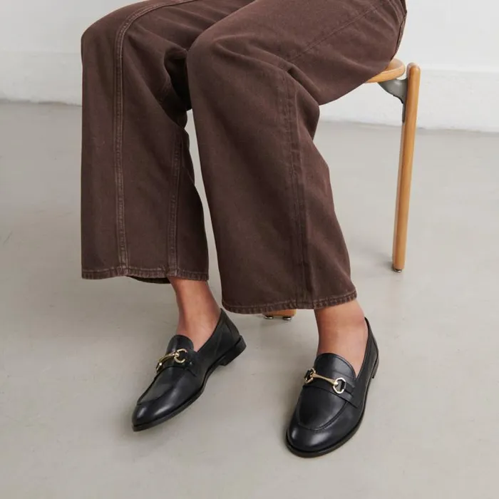 Women Moccasins With Gold Bits Black JONAK Loafers