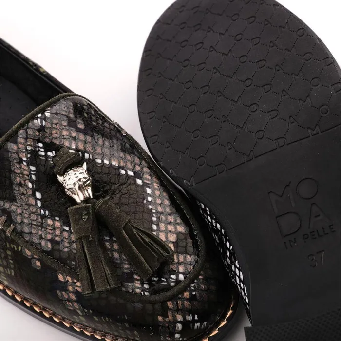 Women Moda In Pelle Brogues And Loafers Emmarose W Khaki Snake Print Leather