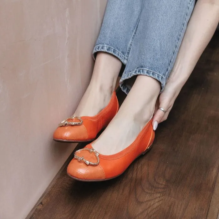 Women Moda In Pelle Flat And Ballerina Shoes Fairy Orange Leather