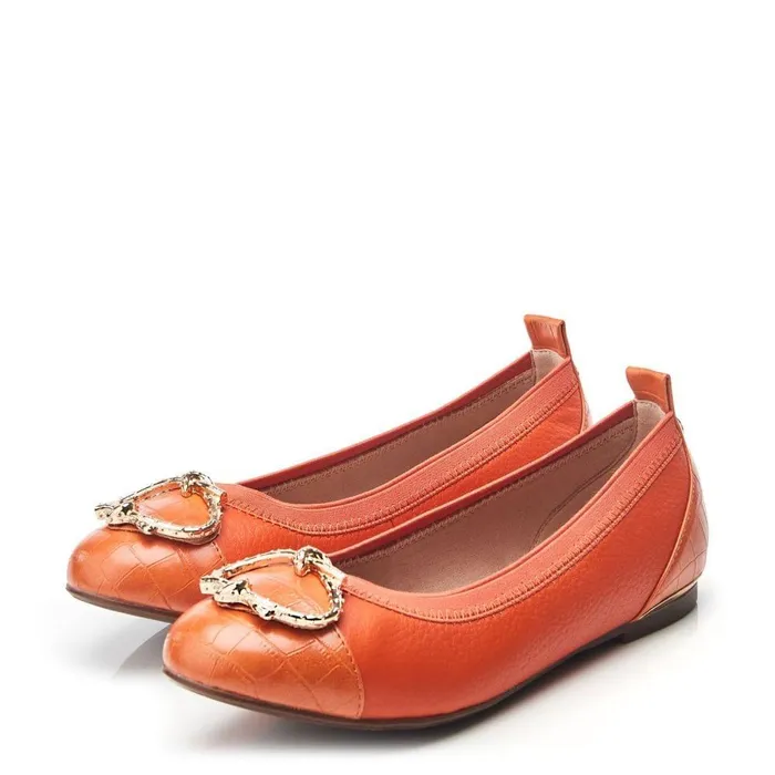Women Moda In Pelle Flat And Ballerina Shoes Fairy Orange Leather