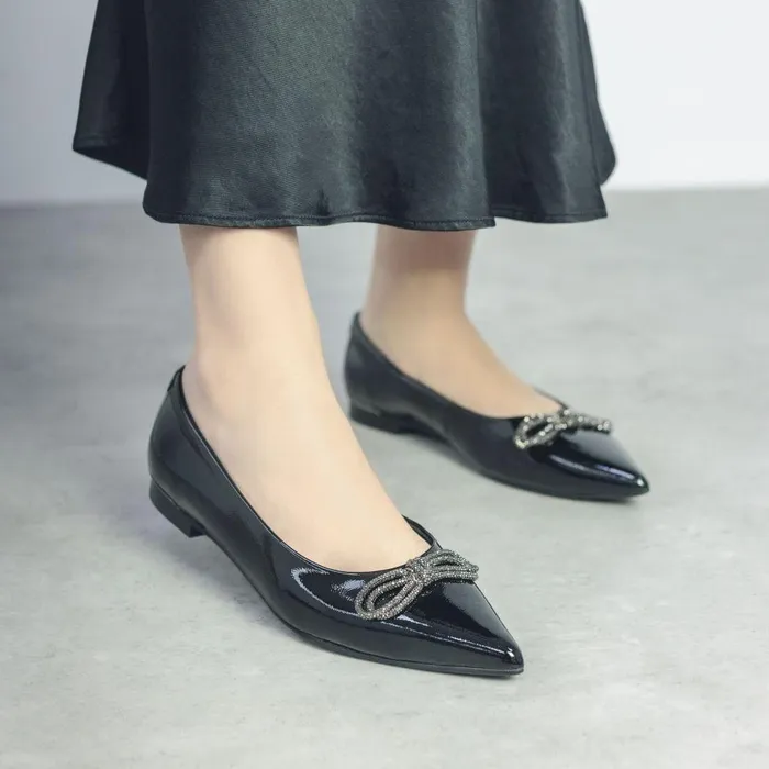 Women Moda In Pelle Flat And Ballerina Shoes Hermionee Black Patent Leather