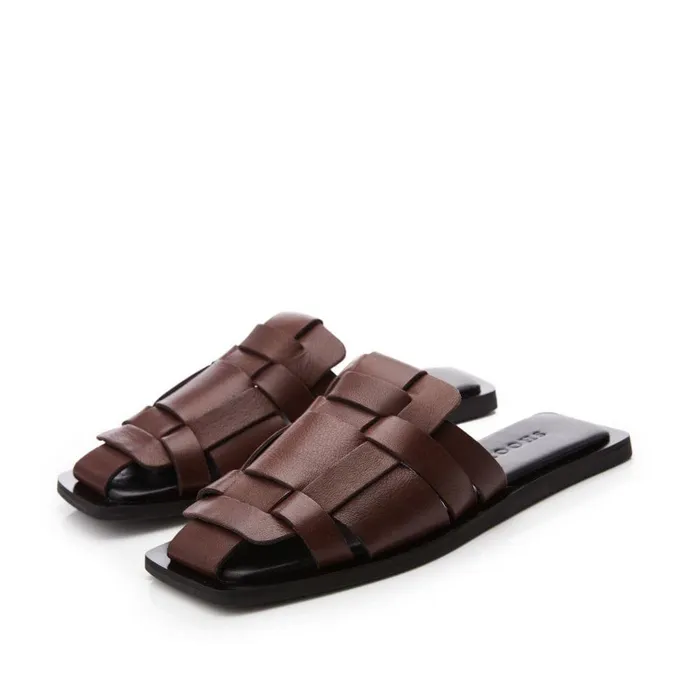 Women Moda In Pelle Flat Sandals Shoon Sh Akari Brown Leather