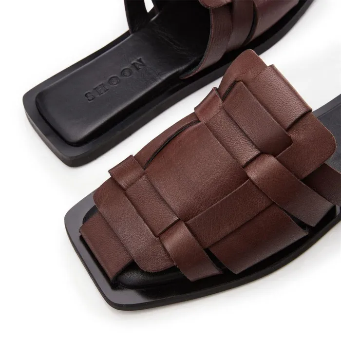 Women Moda In Pelle Flat Sandals Shoon Sh Akari Brown Leather
