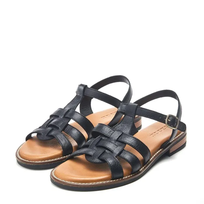 Women Moda In Pelle Flat Sandals Shoon Sh Saddle Black Leather