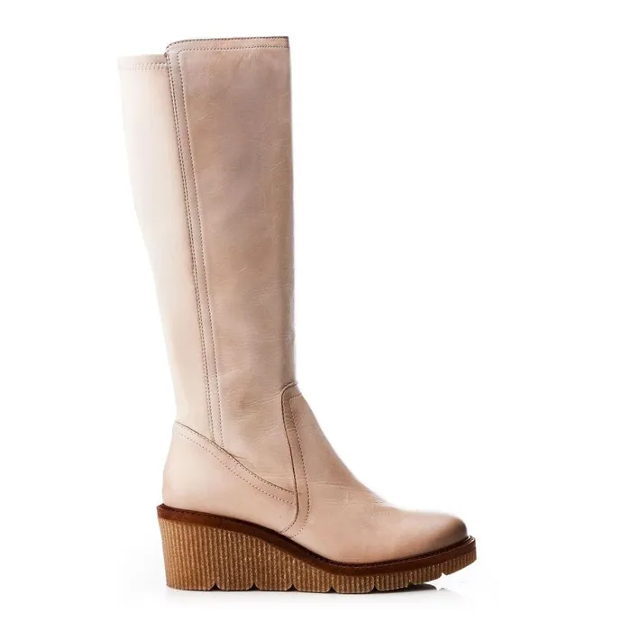 Women Moda In Pelle Knee High Boots Harpette Cream Leather