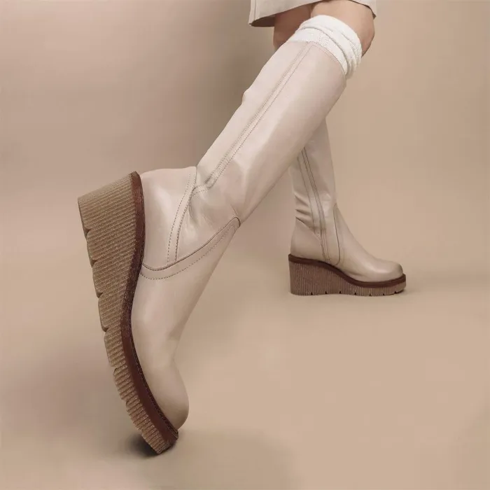 Women Moda In Pelle Knee High Boots Harpette Cream Leather