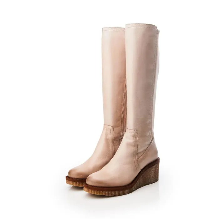 Women Moda In Pelle Knee High Boots Harpette Cream Leather
