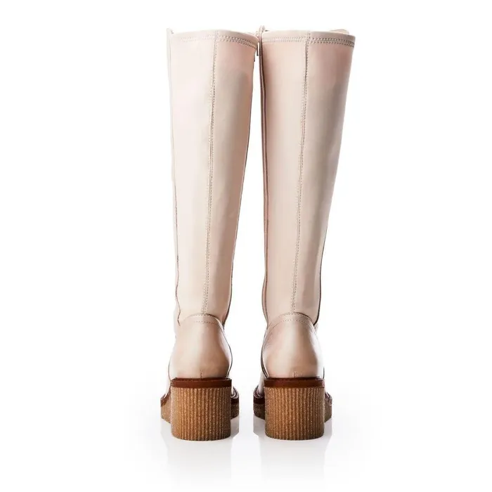 Women Moda In Pelle Knee High Boots Harpette Cream Leather