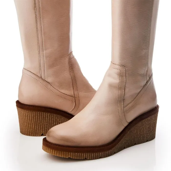 Women Moda In Pelle Knee High Boots Harpette Cream Leather