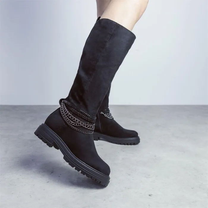 Women Moda In Pelle Knee High Boots Litzy Black Alcantara