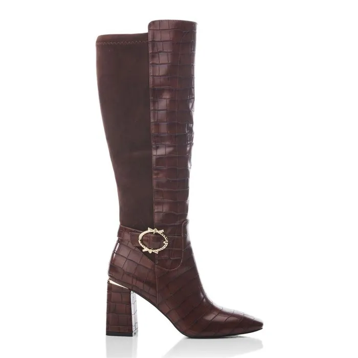 Women Moda In Pelle Knee High Boots Saretta Brown Patent Mocc Croc