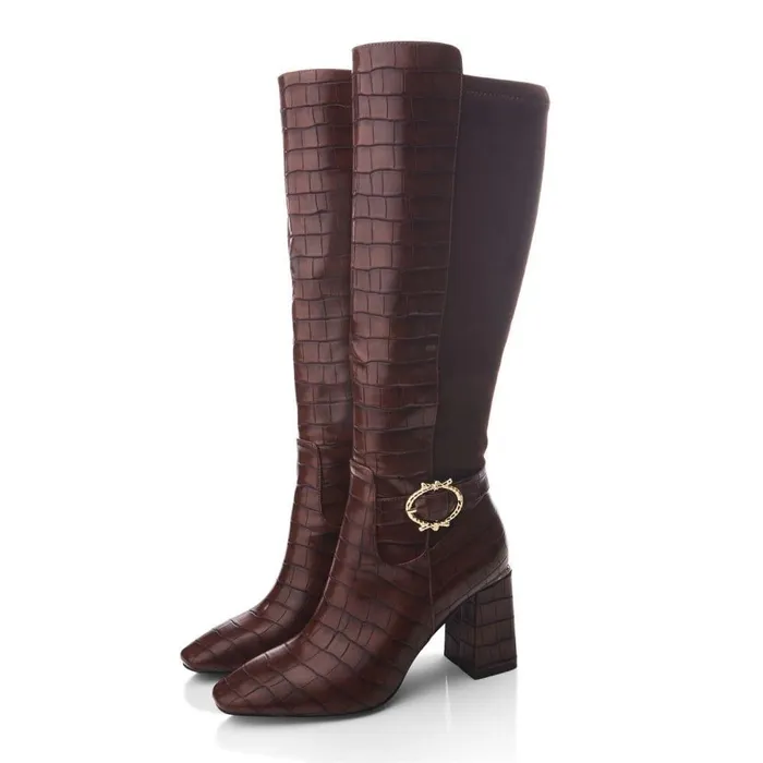 Women Moda In Pelle Knee High Boots Saretta Brown Patent Mocc Croc