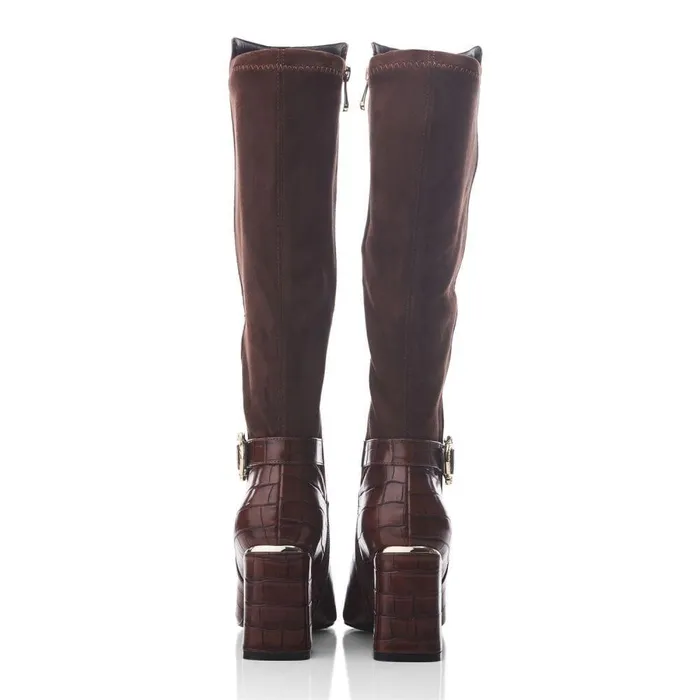 Women Moda In Pelle Knee High Boots Saretta Brown Patent Mocc Croc