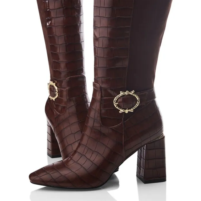 Women Moda In Pelle Knee High Boots Saretta Brown Patent Mocc Croc