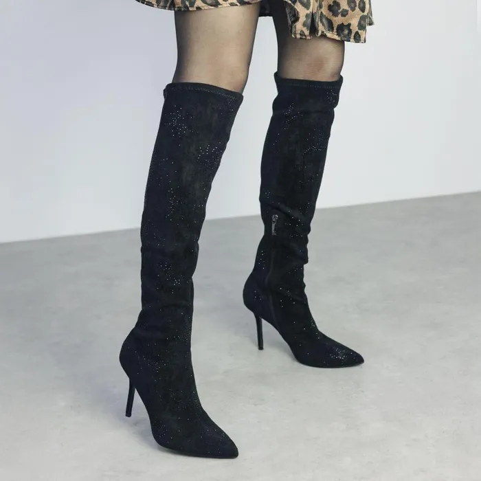 Women Moda In Pelle Knee High Boots Zarina Jet Black Alcantara