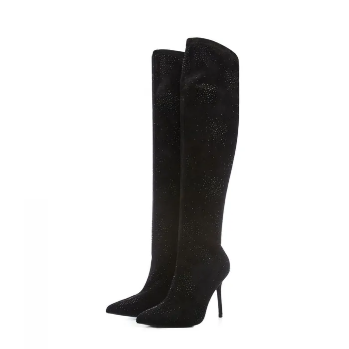 Women Moda In Pelle Knee High Boots Zarina Jet Black Alcantara