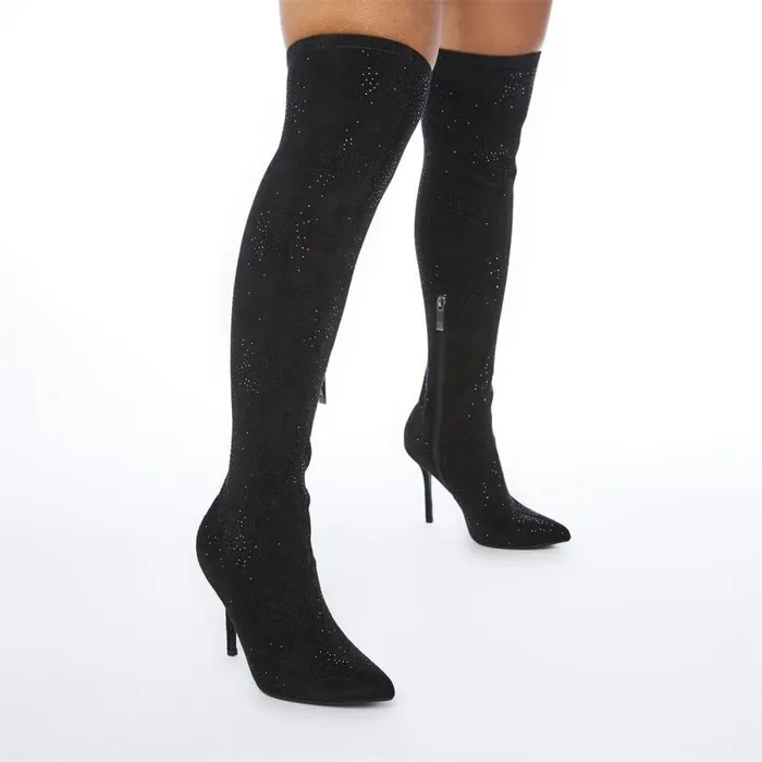 Women Moda In Pelle Knee High Boots Zarina Jet Black Alcantara