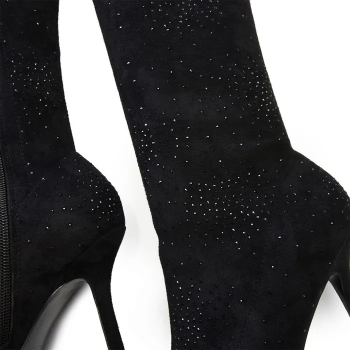 Women Moda In Pelle Knee High Boots Zarina Jet Black Alcantara