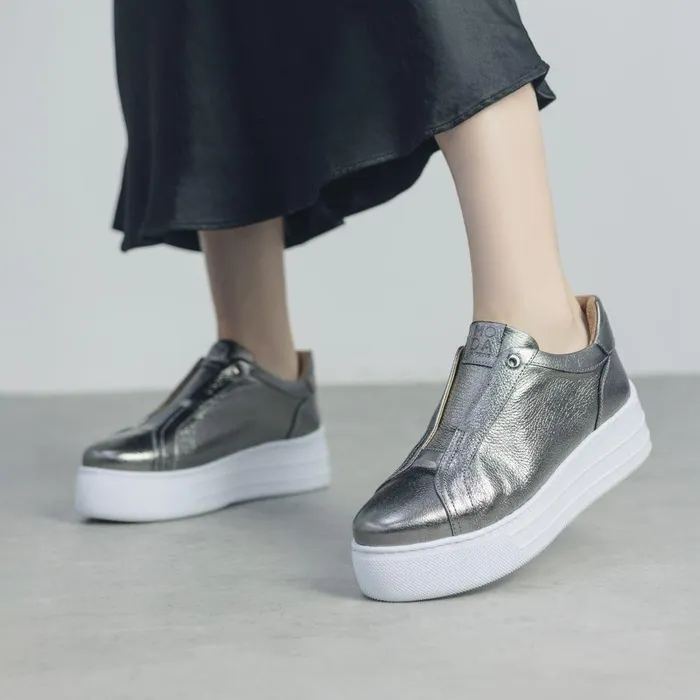 Women Moda In Pelle Platform Trainers Aneeba Pewter Metallic Leather