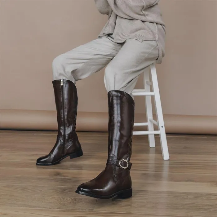 Women Moda In Pelle Riding And Flat Boots Takari Brown Leather