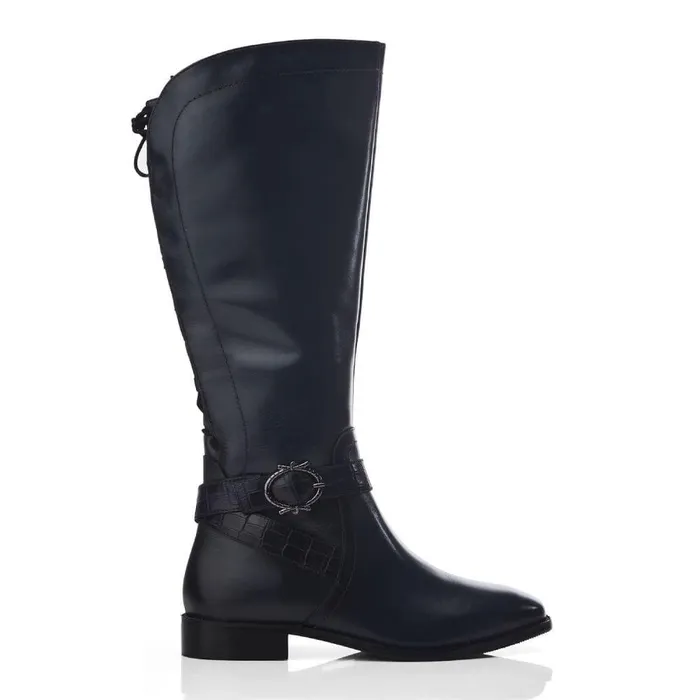 Women Moda In Pelle Riding And Flat Boots Takari Navy Leather