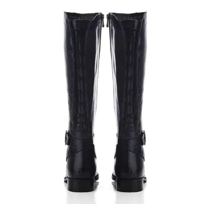 Women Moda In Pelle Riding And Flat Boots Takari Navy Leather