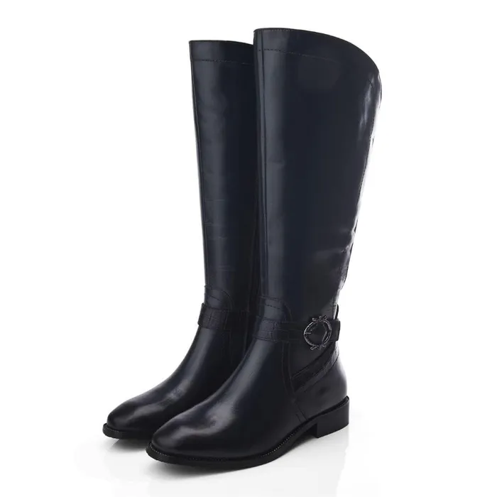 Women Moda In Pelle Riding And Flat Boots Takari Navy Leather