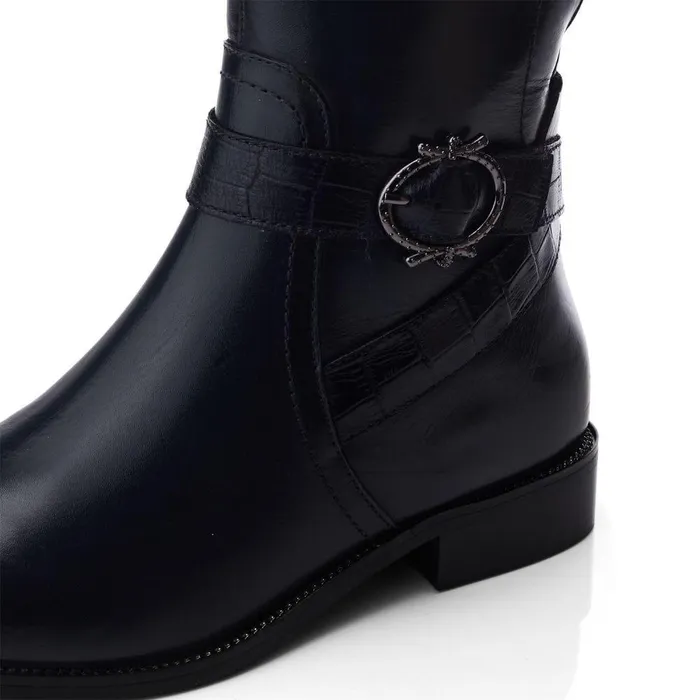 Women Moda In Pelle Riding And Flat Boots Takari Navy Leather