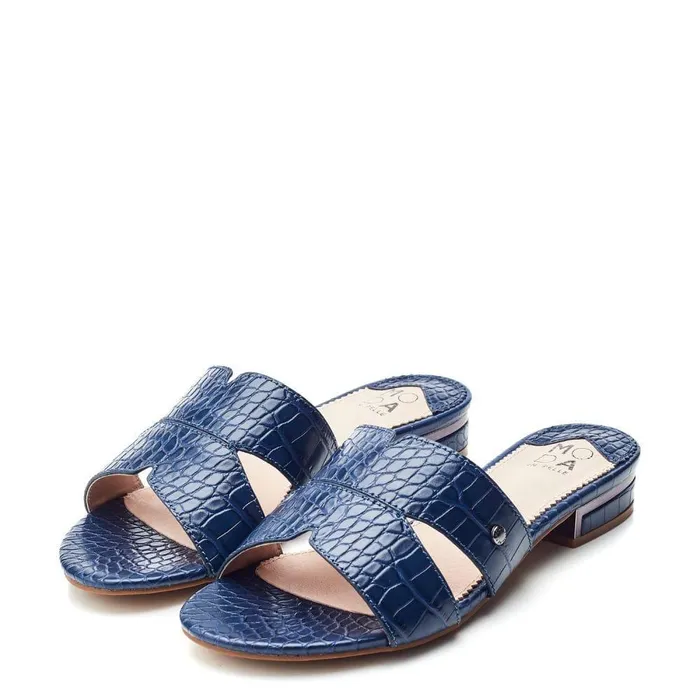 Women Moda In Pelle Slider Sandals Murah Navy Patent Mocc Croc