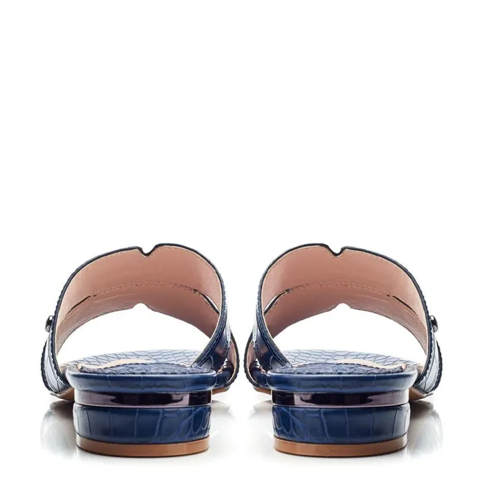 Women Moda In Pelle Slider Sandals Murah Navy Patent Mocc Croc
