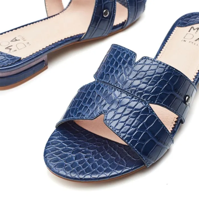 Women Moda In Pelle Slider Sandals Murah Navy Patent Mocc Croc