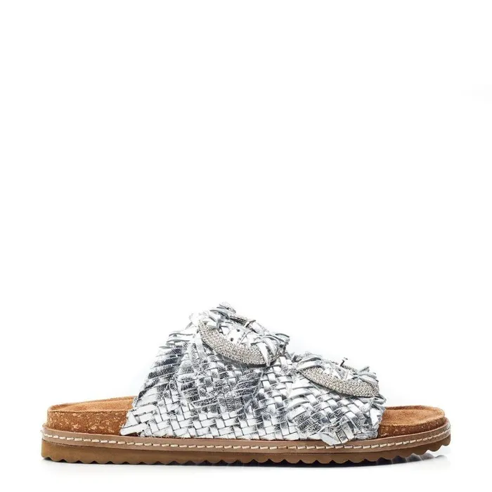 Women Moda In Pelle Slider Sandals Olisia Silver Leather
