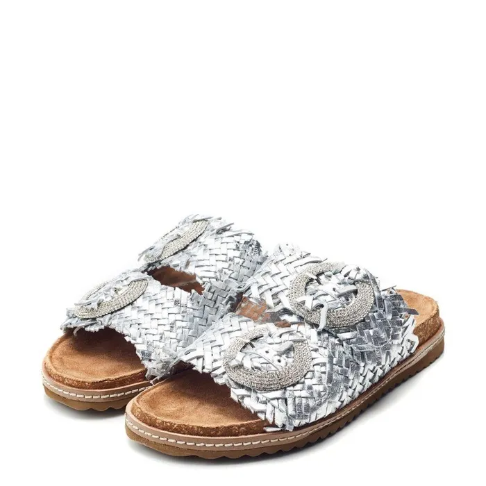 Women Moda In Pelle Slider Sandals Olisia Silver Leather