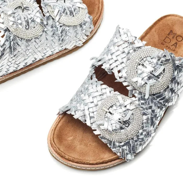 Women Moda In Pelle Slider Sandals Olisia Silver Leather
