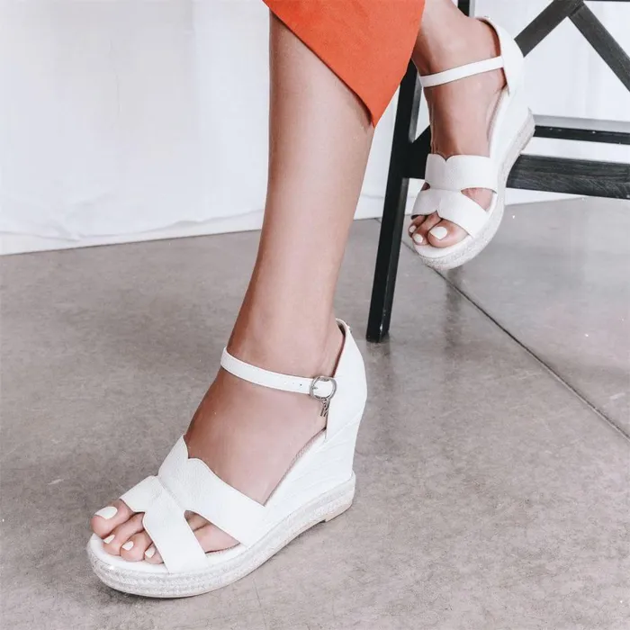 Women Moda In Pelle Wedge Sandals Rikolia Off White Patent Mocc Croc